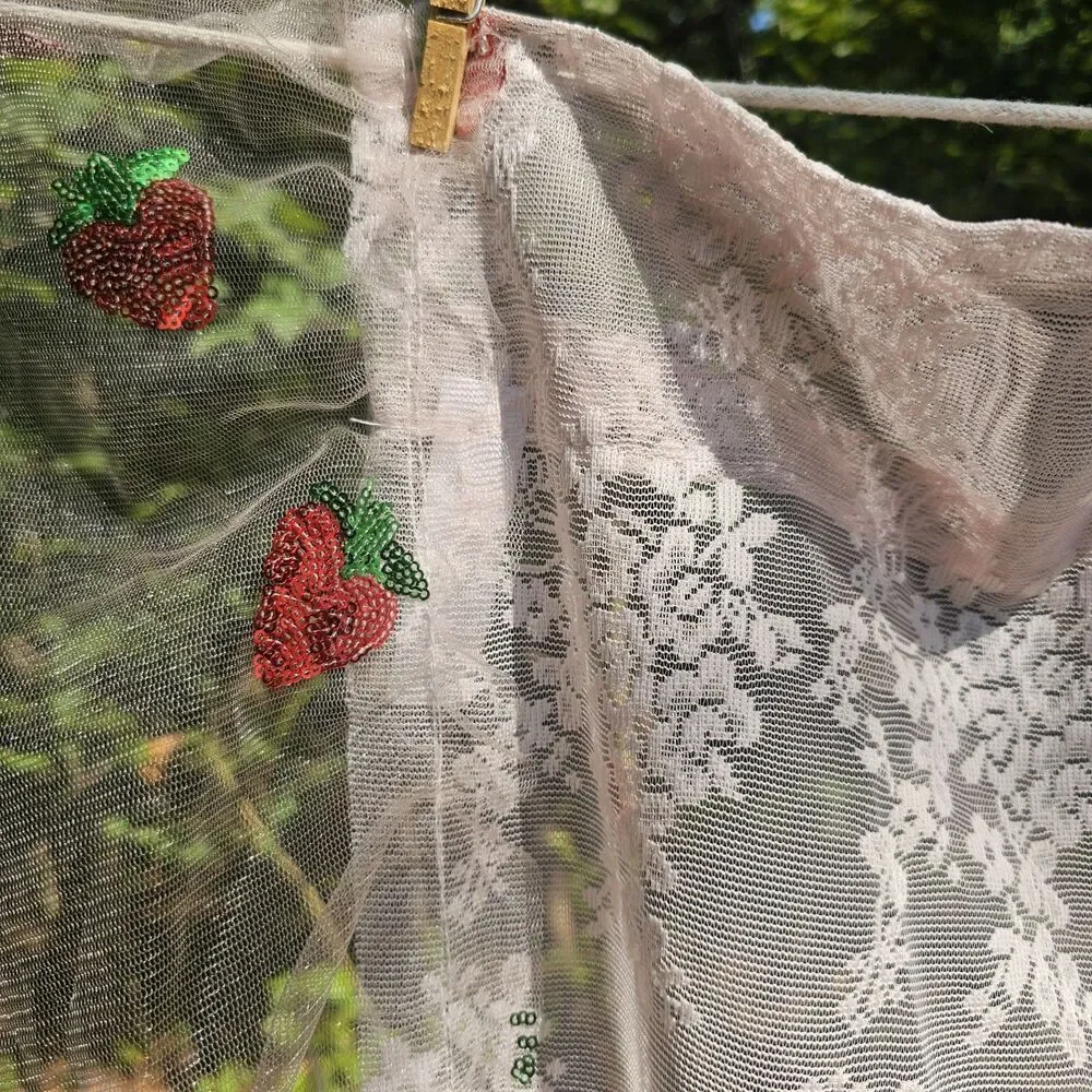 Sweet Strawberry Sequin Lace Curtains Cottagecore Floral Ruffled Tulle 58